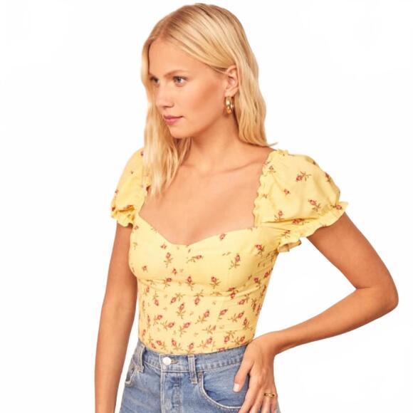 Reformation Jewel Top Kensington Sweetheart Neck Floral Yellow Women's Size 0 - Picture 1 of 4